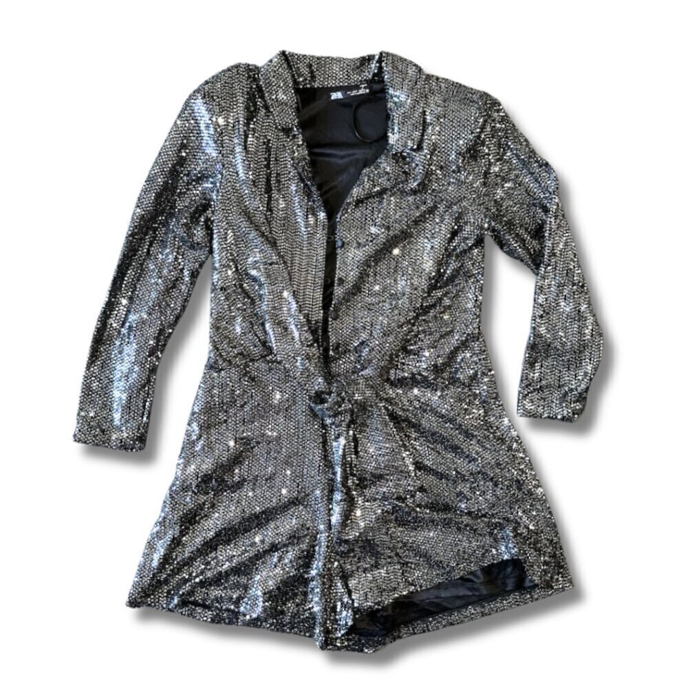 Zara Women's Silver Jumpsuit Gunmetal Collar Shoulder Pads Long Sleeve